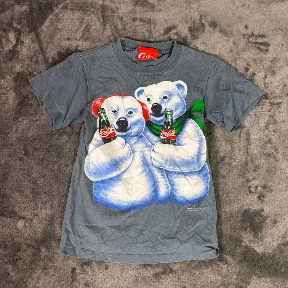 Vintage 1994 Coca Cola‎ Polar Bears T Shirt Youth Size L Gray Single Stitch